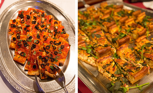 パーティではモナコ料理も提供されました。サクサクピザ風の「ピサラディエ」（左）と野菜たっぷりのキッシュ「トゥールティ・ドゥ・ブレーテ」(右)