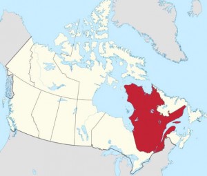 ケベック州（赤）の公用語はフランス語のみ