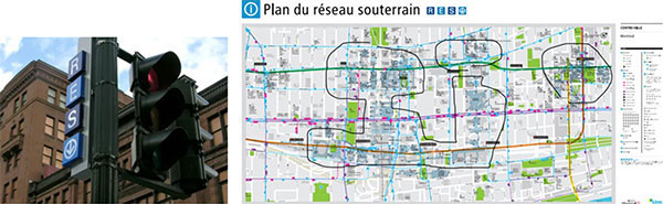 市内の通りからの「RESO」への入口 モントリオール中心街のRESOの地図